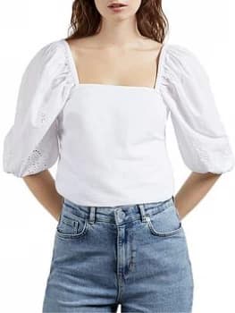 Ted Baker Square Neck Embroidery Sleeve Top - White, Size 4=14, Women