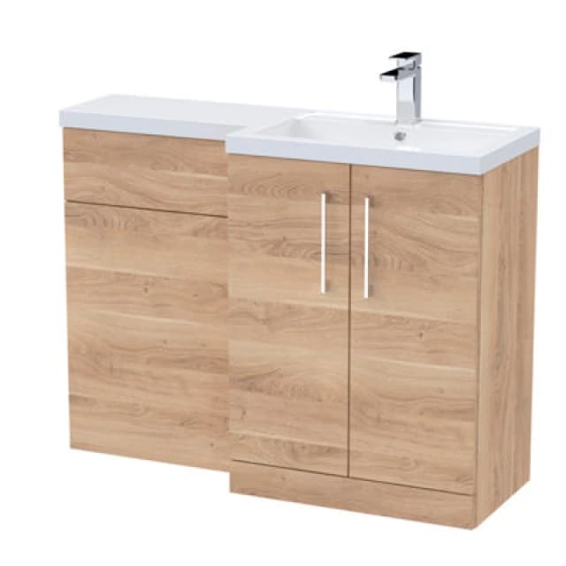 Nuie 1100mm Right Hand Combination, Polymarble Basin Pre-Drilled With 1 Tap Hole, Bathroom Storage Unit In Bleached Oak