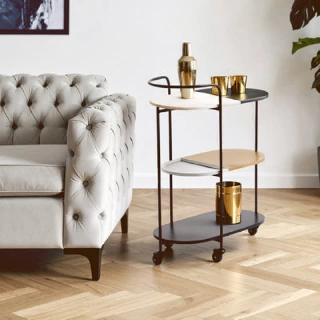 Orsina 3-Tier Trolley, Black And White Marble Top Bar Cart, 3 Tier Trolley On Wheels, Metal Trolley With Wheels