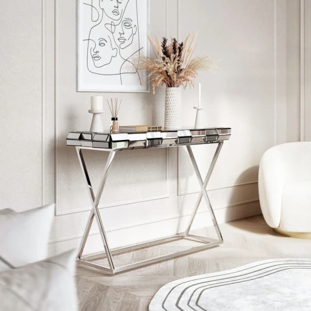 CARME HOME Knightsbridge - Luxury Mirrored Console Table 3D Glass Effect Chrome Crossed Legs Grey Silver Modern Hallway Living Room Furniture 50606357