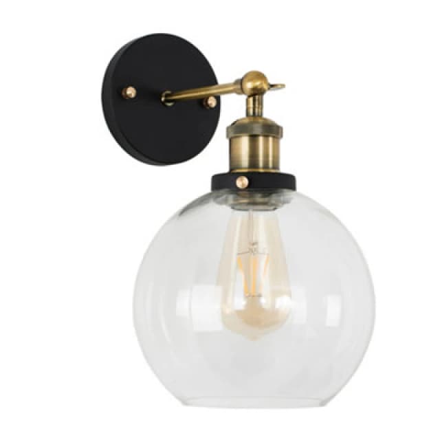 ValueLights Sheridan Industrial Amber Glass Bowl Gold Trim Black Wall Light with LED Bulb Clear