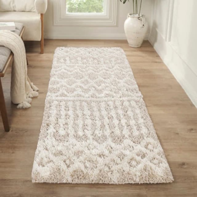 Livabliss Shaggy Geometric Plush Pile Cream Beige Nour Runner Rug 80 X 150 Cm - Easy Care, Non Shedding, Ideal For Living Room & Bedroom