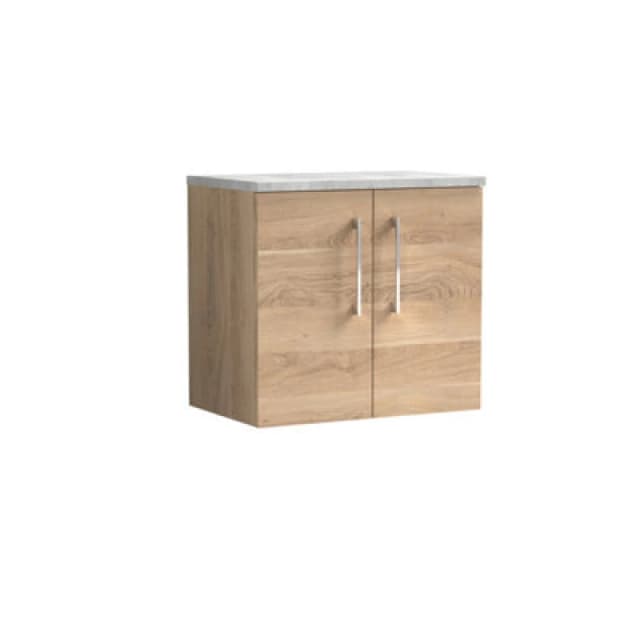 Nuie Arno Wall Hung 2-Door Vanity & Bellato Grey Laminate Worktop, Stylish Counter Top Vanity Unit In Bleached Oak, 600mm