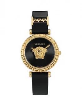 Versace Palazzo Empire Greca Black And Silver Detail Dial Black Leather Strap Watch