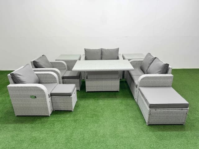 Fimous 9 Seater Outdoor Reclining Chair Love Sofa Set Rattan Garden Furniture Set with Adjustable Lifting Dining or Coffee Table 3 Stools 2 Side Table