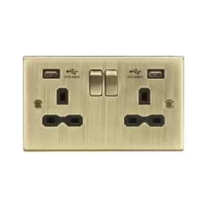 Knightsbridge - 13A 2G Switched Socket Dual usb Charger (2.4A) with Black Insert - Square Edge Antique Brass