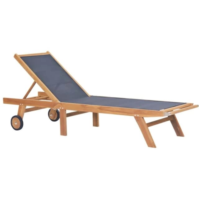 vidaXL Solid Teak and Textilene Folding Sunlounger with Wheels Outdoor Daybed