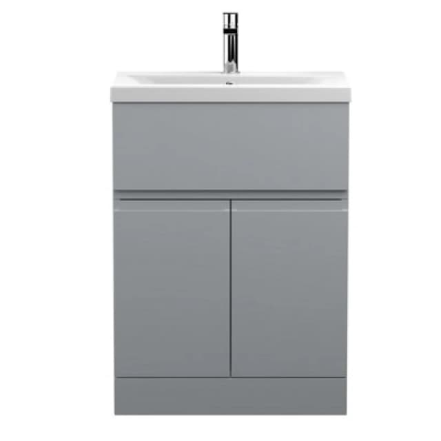 Nuie Hudson Reed Urban Floor Standing 2 Door 1 Drawer Vanity Unit With Mid-Edge Basin, Durable Modern Vanity Unit In Satin Grey, 600mm