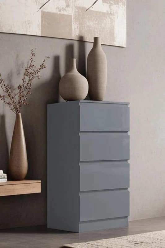 FWStyle Grey Gloss 4 Drawer Chest Of Drawers Bedroom Storage Furniture Grey