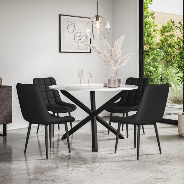 More4Homes Malvern Round Dining Table And Chairs - Marble Table Top W Solid Black Oak Legs + Nova Faux Leather Dining Chair Set Of 4 (Black)