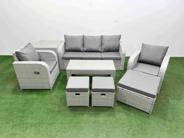 Fimous PE Rattan Garden Furniture Set Reclining Chair Sofa Lounge Sofa Set Rectangular Coffee Table Side Table 3 Stools Light Grey Light Grey