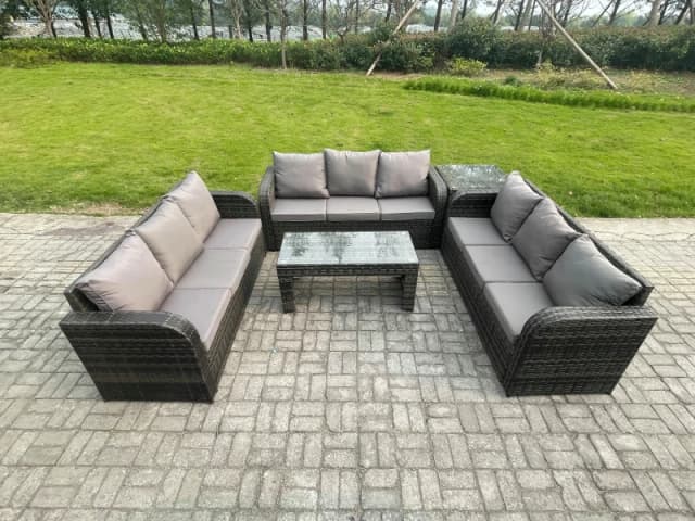 Fimous Outdoor Lounge Sofa Set Rattan Garden Furniture Set with Rectangular Coffee Table Side Table 3 Seater Sofa Dark Grey Mixed Dark Grey