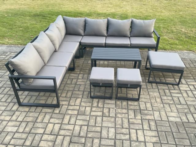 Fimous Aluminium Outdoor Garden Furniture Set Lounge Corner Sofa Oblong Coffee Table Sets with 3 Footstools Dark Grey Dark Grey Unisex