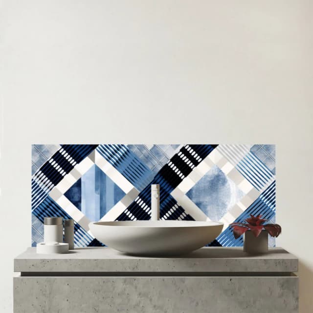 Warren Reed - Designer Checkered Square Black & Blue Glass Bathroom Splashback Blue Unisex