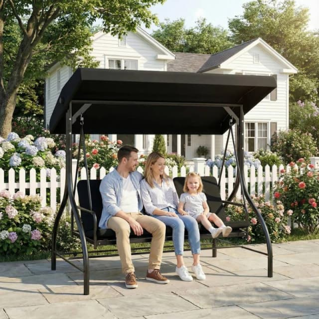 Outsunny 3 Seater Canopy Swing Chair Porch Hammock Bed, Black
