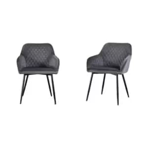 Set of 2 Grey Velvet Dining Chairs Upholstered Seat Armrest with Metal Legs - grey