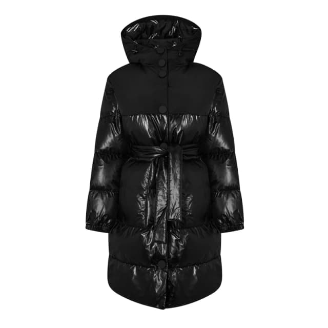 Armani Exchange Womens Patent Fabric Hooded Long Sleeve Short Puffer Jacket Black female 12 (M)