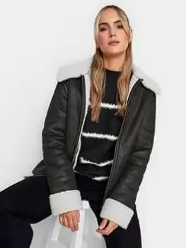 Long Tall Sally Blk/Cream Zip Through Borg Jacket, Black, Size 10, Women