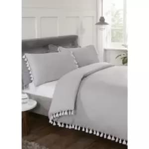 Grey Tassel Super King Duvet Cover Set Quilt Cover Bedding Set - Grey