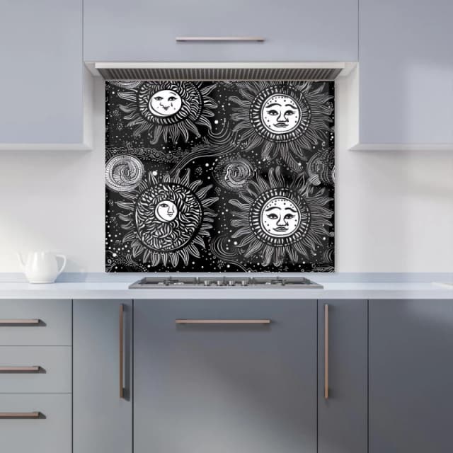 Warren Reed - Designer Moon & Sun White Black Kitchen Splashback Size: 600mm x 750mm Black Unisex 600mm x 750mm