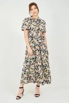 Black Floral Shirt Collar Midi Dress