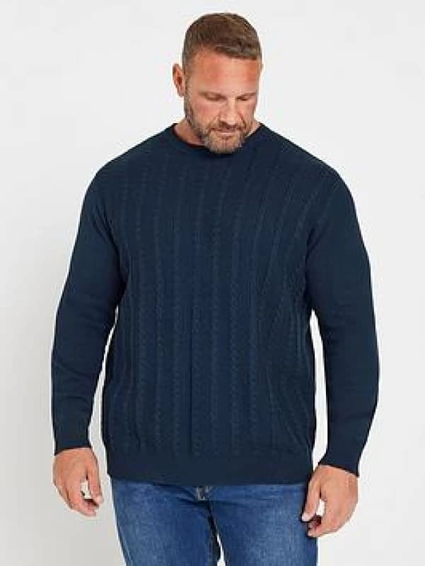 BadRhino Crew Neck Cable Knit Jumper Blue
