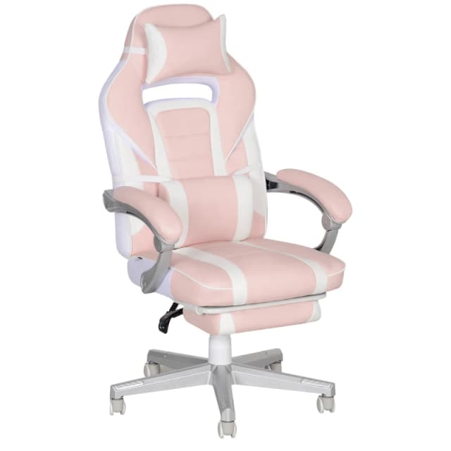 HOMCOM PU Leather Gaming Chair with Footrest 150 Degree Reclining Back Pink