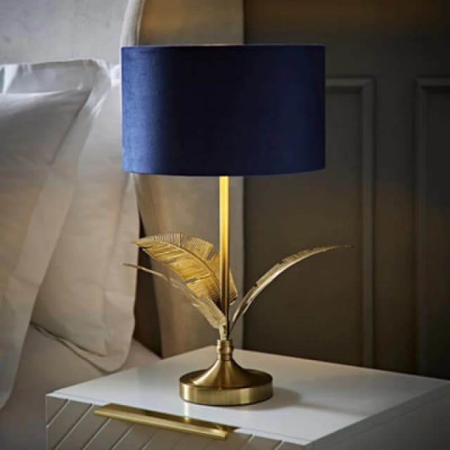 ValueLights ValueLights Christina Velvet with Gold Metallic Inner Drum Shade Gold Palm Leaf Table Lamp in Navy Navy One Size Unisex 5059406065323