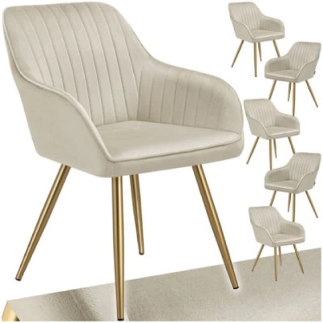 Tectake Set Of 6 Dining Chair Marilyn - Quilted Velvet, Continuous Backrest, Gold Steel Legs - Cream/gold