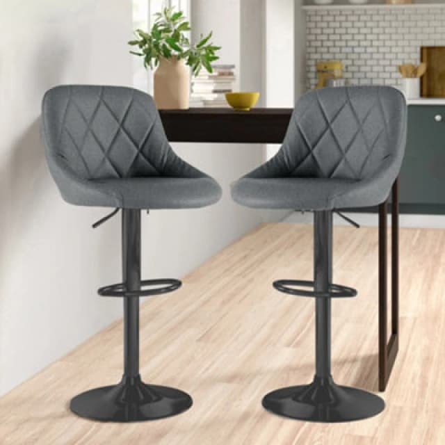 Neo Set Of Two Madrid Dark Grey Fabric Adjustable Barstools Matt Black Legs