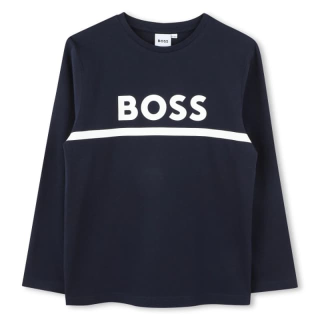 Boss Kids Long-sleeve Large Logo Tee, Iconic Logo Print T-Shirt Navy 849 male 10 Yrs