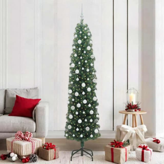 vidaXL Artificial Christmas Tree with 300 LEDs, White Balls with Stand Green 210 x 55 cm, Green 3394959