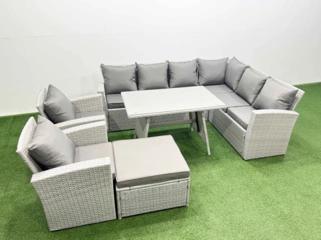 Fimous 9 Seater Garden Outdoor Rattan Furniture Set Dining Table in Light Grey Light Grey Unisex