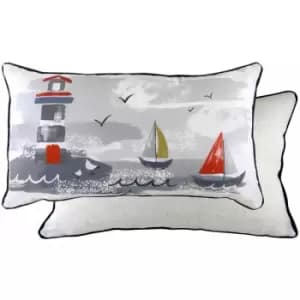 Evans Lichfield - Nautical Lighthouse Print Piped Edge Cushion Cover, Multi, 30 x 50 Cm