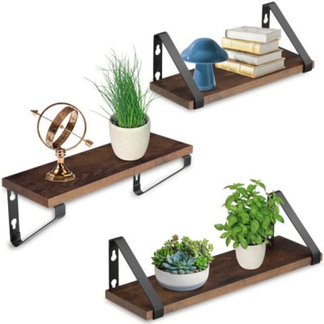 Tectake Wall Shelves - Set Of 3, Decorative Metal Brackets, High Load-Capacity, 3 Widths Included - Industrial Wood Dark, Rustic