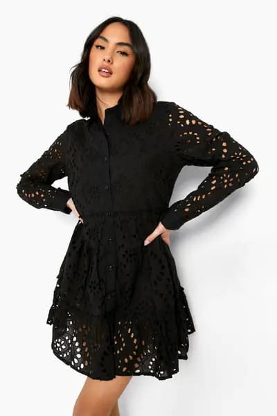 boohoo Broderie Tiered Shirt Dress Black