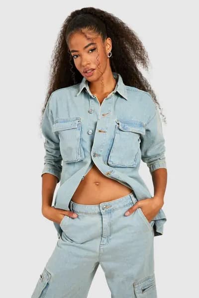 boohoo Bleach Was Oversized Denim Shacket Bleached Blue