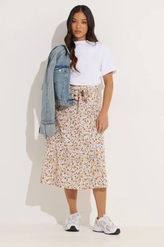 PixieGirl Womens Petite Floral Belted Midi Skirt in Cream Size: 8 Cream Female 8