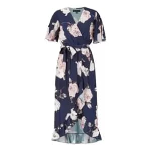 Mela London Navy Rose Printed Wrap Effect Dress - Blue
