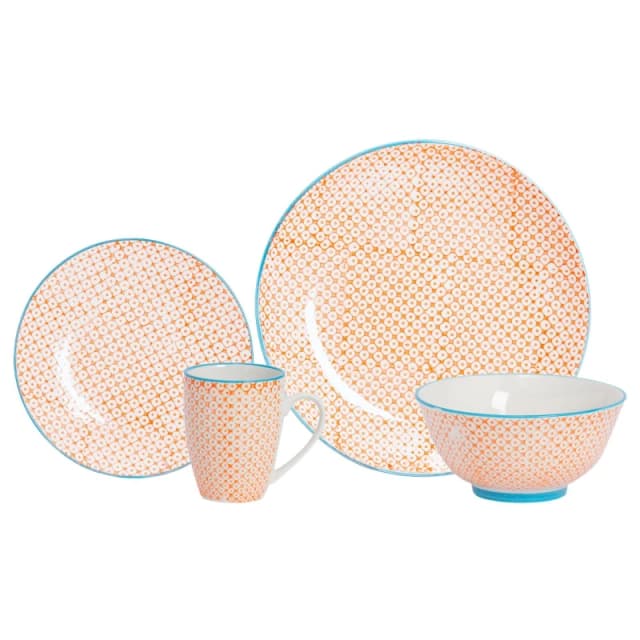 Nicola Spring 24 Piece Hand-Printed Dinner Set Orange