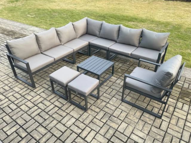 Fimous Aluminium Outdoor Garden Furniture Set Lounge Corner Sofa Chair Square Coffee Table Sets with 2 Small Footstools Dark Grey Dark Grey Unisex