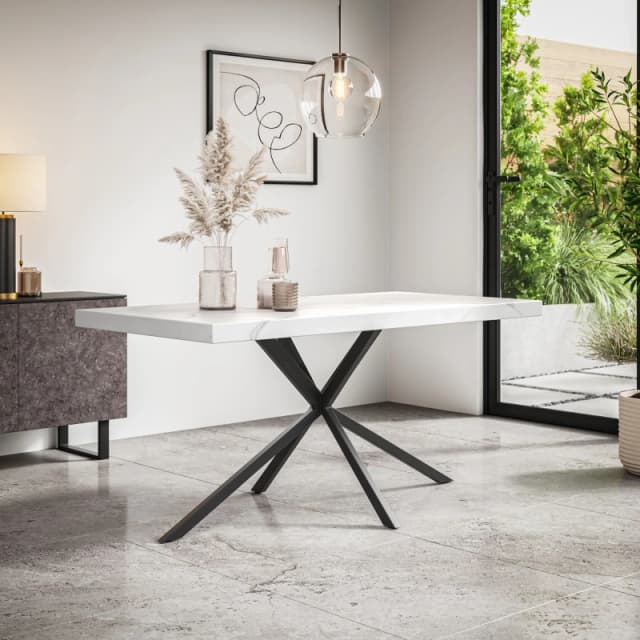More4Homes Donni 4-6 Seater Dining Table Modern White Marble Effect Table Top W Black Legs