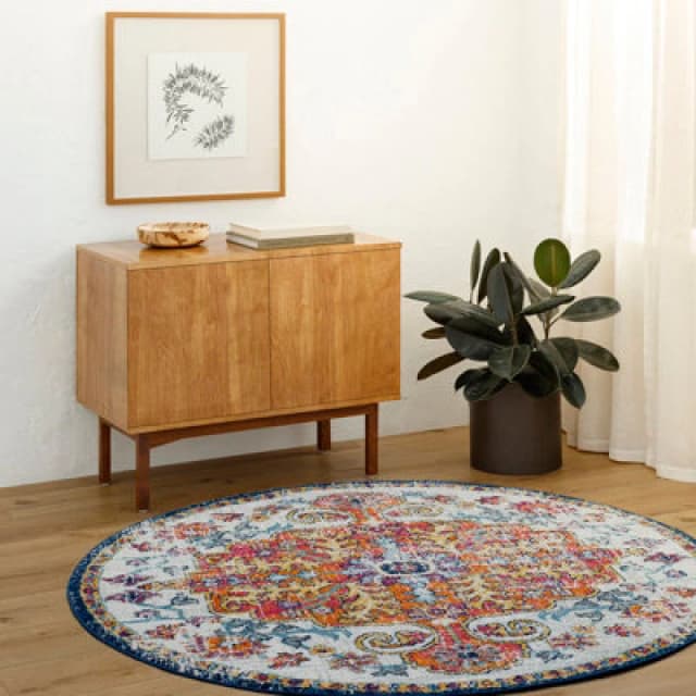 Livabliss Round Vintage Oriental Boho Saffron/navy Lou Area Rug 120 X 120 Cm - Easy Care, Non Shedding, Ideal For Living Room & Bedroom