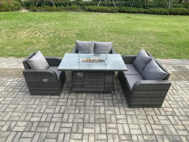 Fimous Patio Rattan Garden Furniture Set with Gas Fire Pit Dining Table Indoor Outdoor 4 piece Love Sofa set Dark Grey