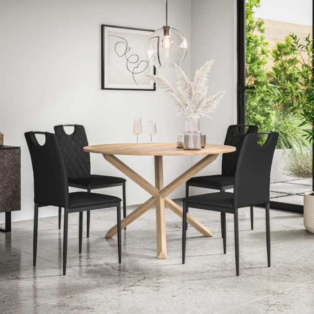 More4Homes Malvern Round Dining Table And Chairs - Oak Table Top W Solid Oak Legs + Monza Faux Leather Dining Chair Set Of 4 (Black)