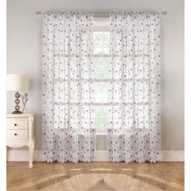 Tyrone Textiles Embroidered Voile Panel with Floral Pattern on Linen-Look Fabric - Pair Grey