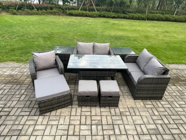 Fimous Lounge Rattan Sofa Set Outdoor Garden Furniture Oblong Rectangular Dining Table With Chairs 3 Footstools 2 Side Tables 8 Seater in Dark Grey Da