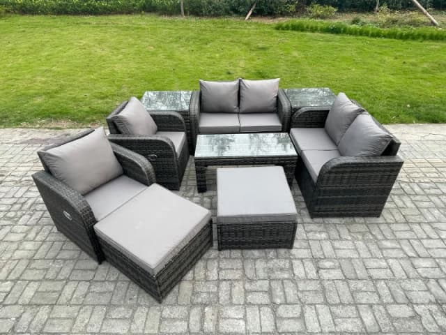 Fimous 9 PCS Garden Furniture set Rattan Outdoor Lounge Sofa Table Chair With Tempered Glass Table Dark Grey Mixed Dark Grey