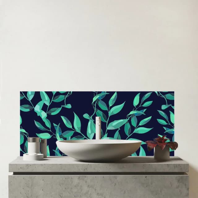 Warren Reed - Designer Delicate Green Foliage Glass Bathroom Splashback in Blue Blue Unisex