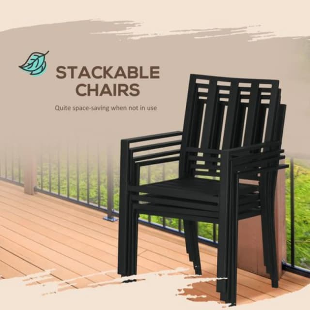 Outsunny Outsunny 7 PCs Garden Dining Set w/ Stackable Chairs and Metal Top Table, Black